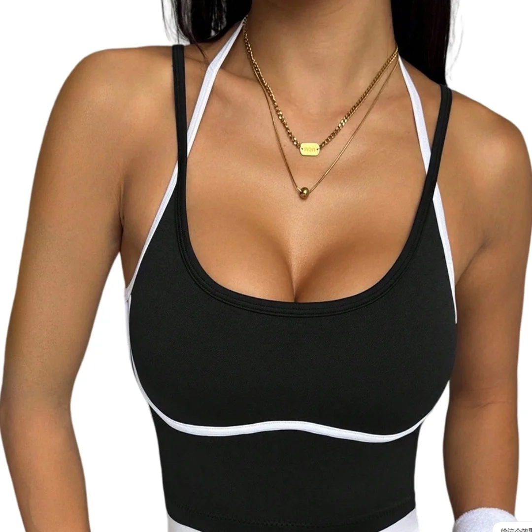 Women's contrasting decorative vest yoga top with shoulder straps, no chest cushion sports vest