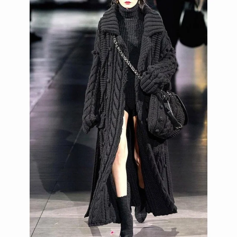 フレンチスタイル黒ヴィンテージロングカーディガン女性秋冬厚手ルーズニットセーターカジュアルオーバーサイズカーディガン