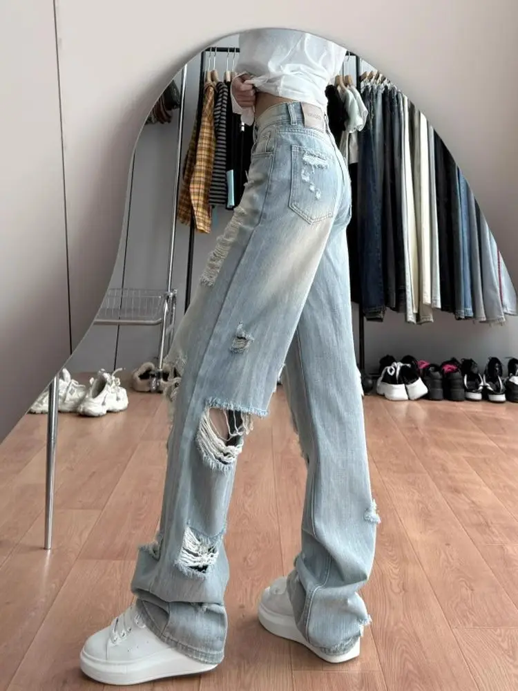 بنطلون جينز ممزق من American High Street Sle للرجال والنساء صيفي جديد فضفاض وواسع الساق للتخسيس طويل القامة بألوان فاتحة للأولاد... #4