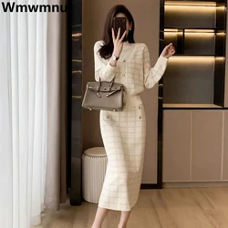 Slim Plaid Vintage Dzianinowa Spódnica 2-częściowy Zestaw Modne Krótkie Topy + Bodycon Faldas Eleganckie Formalne Zespół Casual Nowy Dres