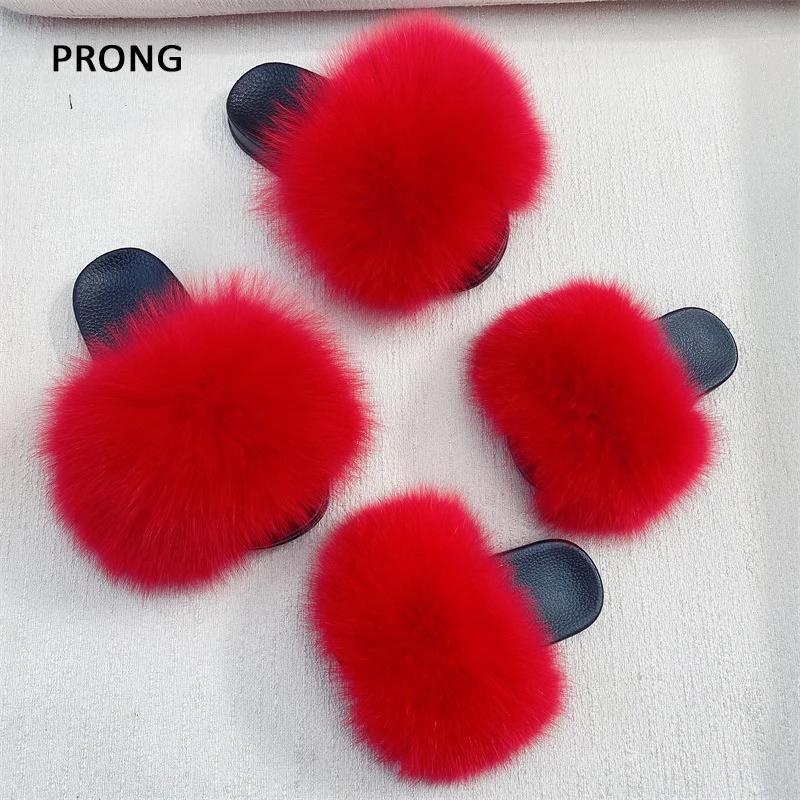 Summer Women Kids Fox Fur Slippers Mother Daughter Real Fur Slippers Plush Baby Slides Ladies House Shoes Furry Fur Flip Flops