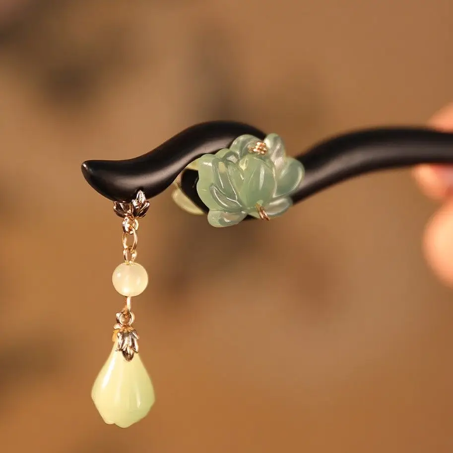 Chinese Traditional Lucky Ebony Hair Stick Green Lotus Tassel Handmade Hairpin For Women Hanfu Cosplay Daily Hair Styling Blessi