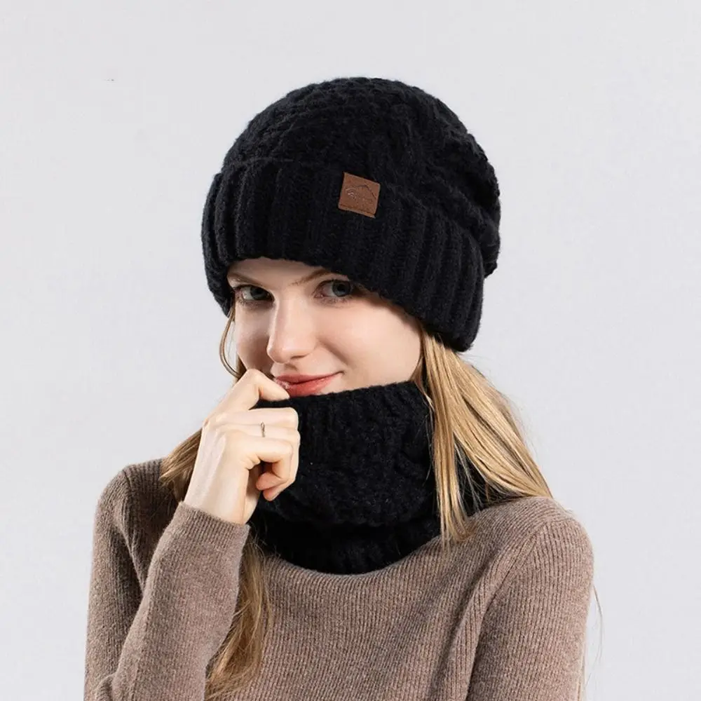 Gorro de invierno suave, conjunto de bufanda, gorro de punto térmico grueso con forro polar, calentador de cuello de diseño elegante, gorro de lana cálido para esquiar