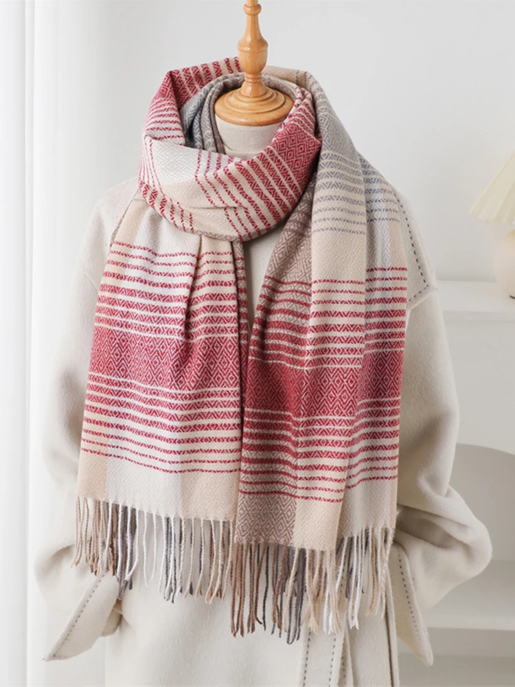 النساء الخريف الشتاء وشاح متماسكة الحجاب السيدات الرجال عادية Preppy مخطط شرابة وشاح Mujer الذكور التفاف شال للجنسين جديد الكورية