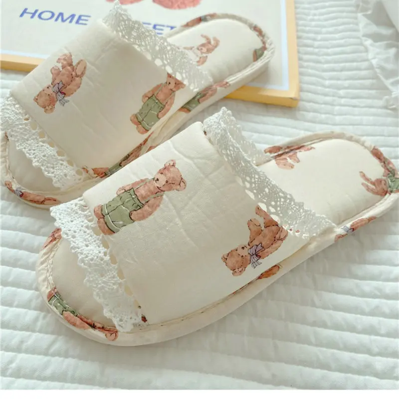 Summer New Retro Pastoral Small Floral Lace Fish Mouth Slippers Women\'s Indoor Non-Slip Waterproof Bottom Home Open Toe Shoes