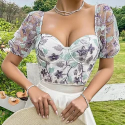 Sexy​ Backless Tops for Women Summer Embroidery Seersucker Small Fresh Lace Floral Puff Sleeve Vest 2024 Trendy Fashion