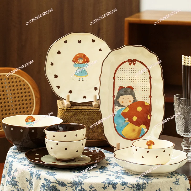 Ceramic Tableware, High-temperature Decal, Household Dining Bowl, Cute Set for Two People