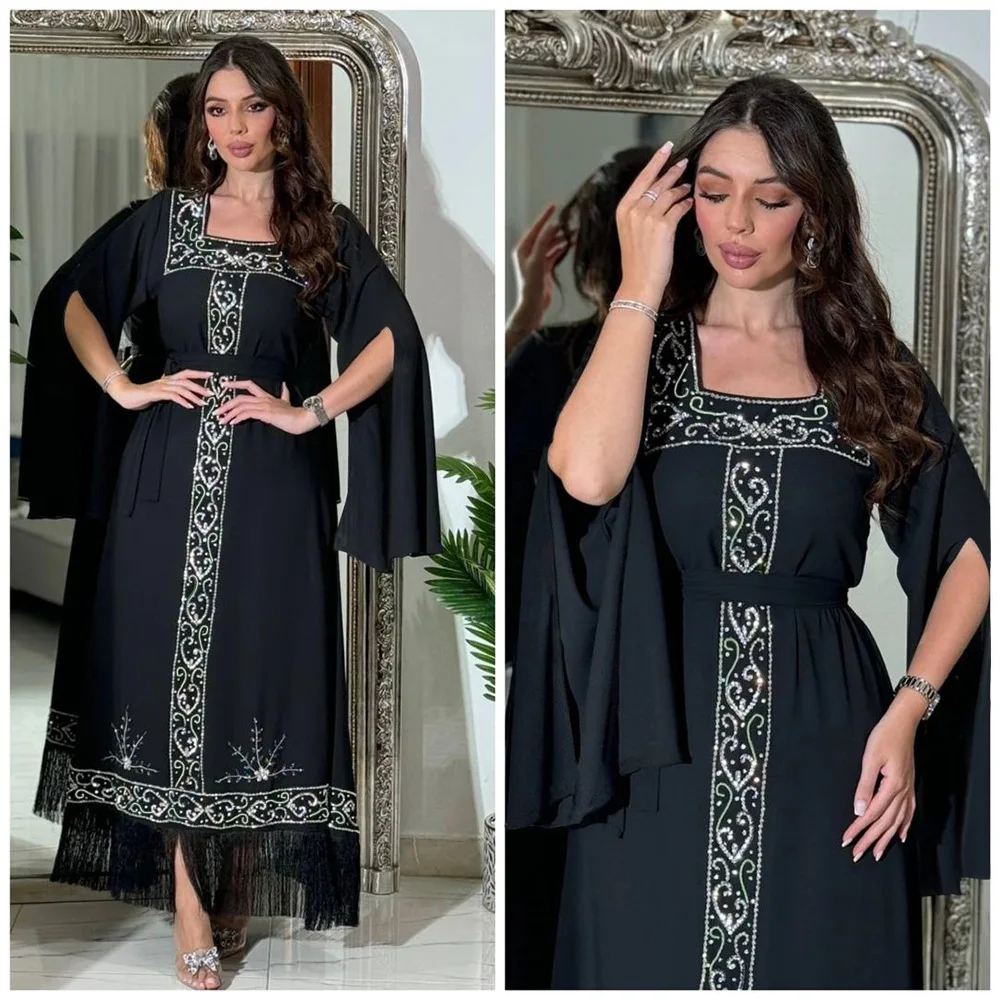 Eid Satin Abaya Dress Jalabiya for Women Elegant Diamonds Belt Muslim Kaftan Arabic Dubai Turkey Morrocan Caftan Islam Clothing