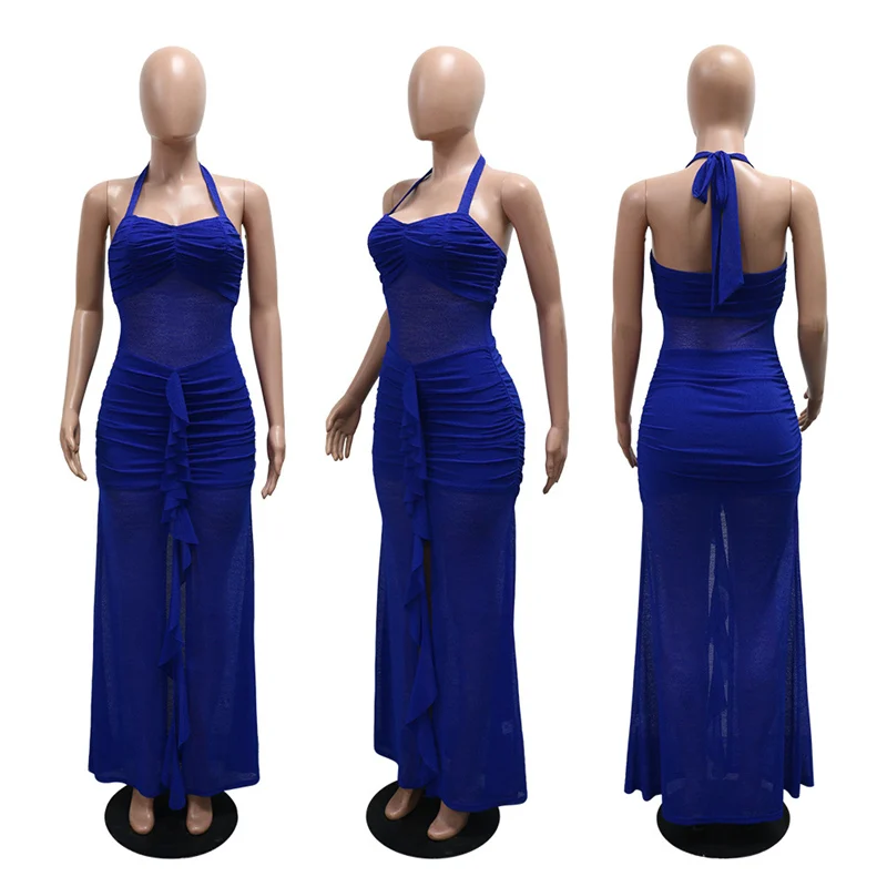 Sexy malha ver através de vestidos de festa feminino boate festa halter sem costas babados ruched split aniversário baile maxi vestido robes