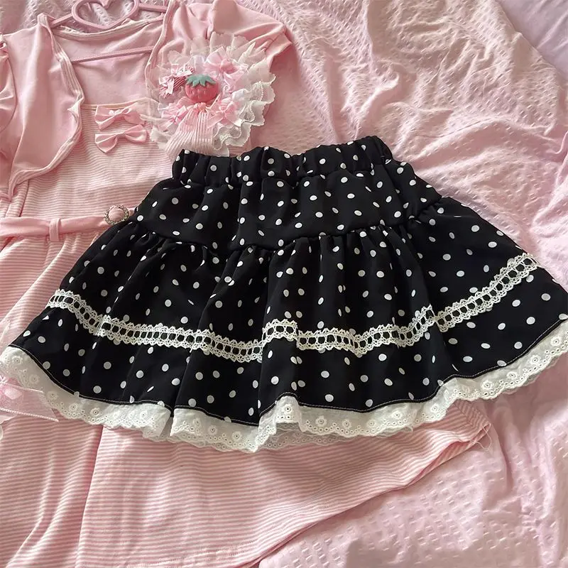 Japonais Vintage doux noir à pois jupe femmes Design mignon dentelle Kawaii jupe sous-culture femme Chic épicé fille rétro tenues