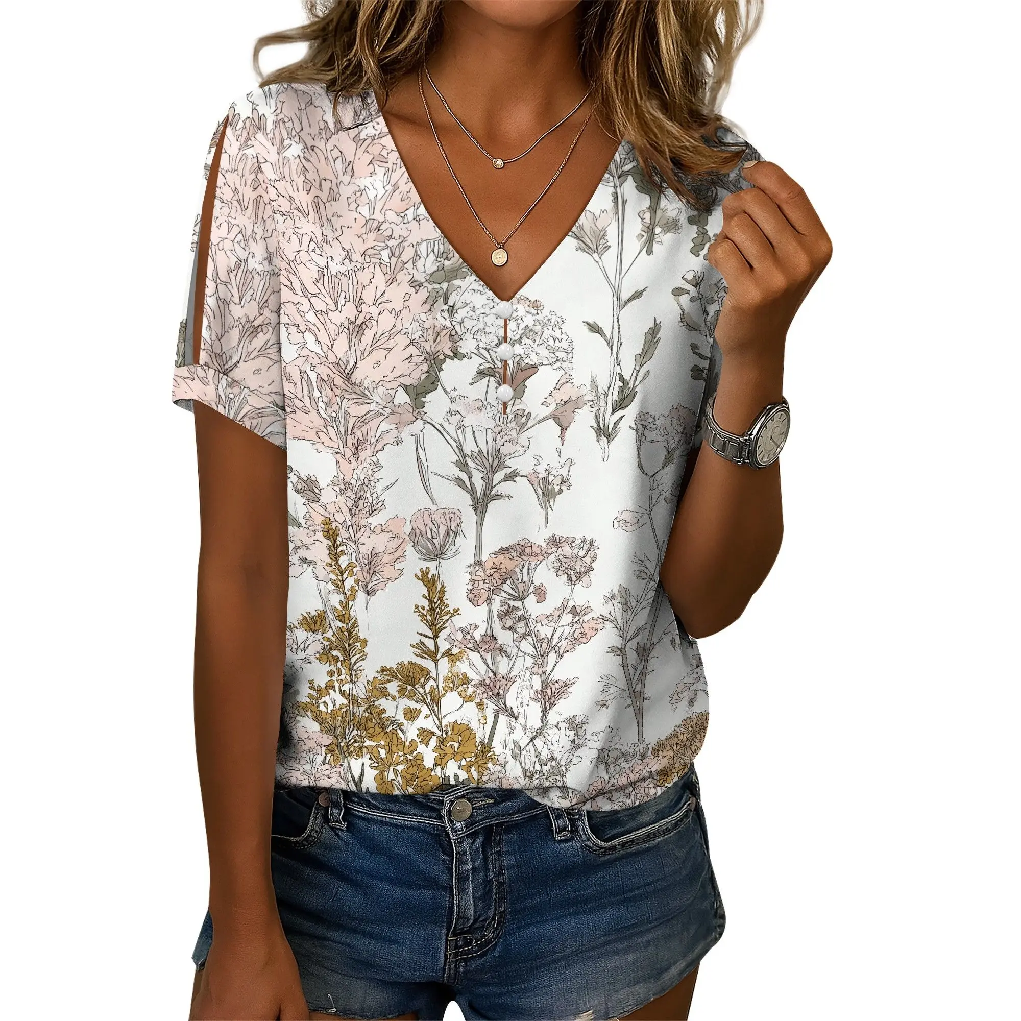 Boho-Oberteile für Damen, Leinenhemden, lässig, V-Ausschnitt, kurze Ärmel, Blumenmuster, elegante Sommer-T-Shirts