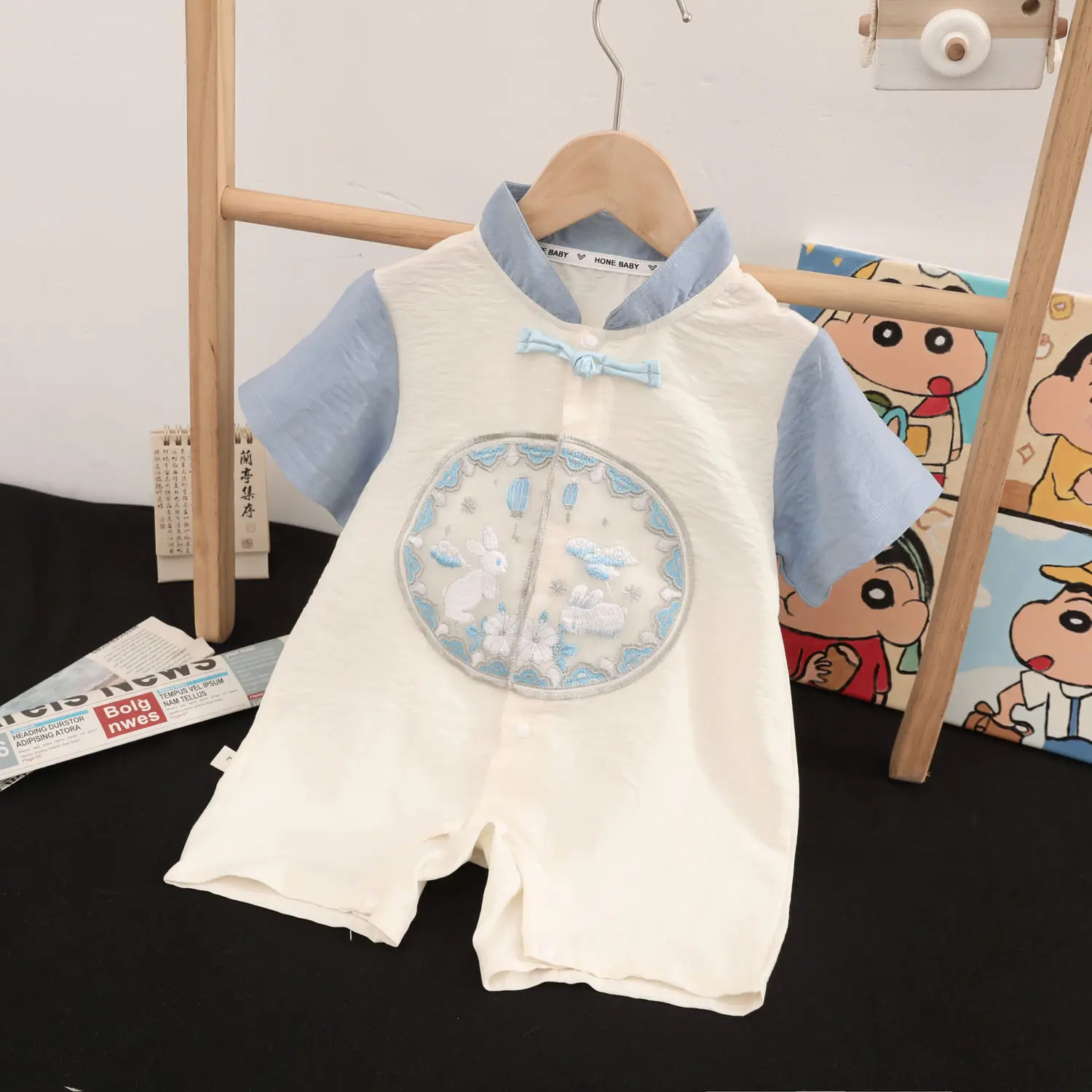 2024 Summer Kawaii Bunny Embroidered Short Sleeved Tang Suit Jumpsuit Baby Chinese Traditional Newborn 100 Day Romper Suit