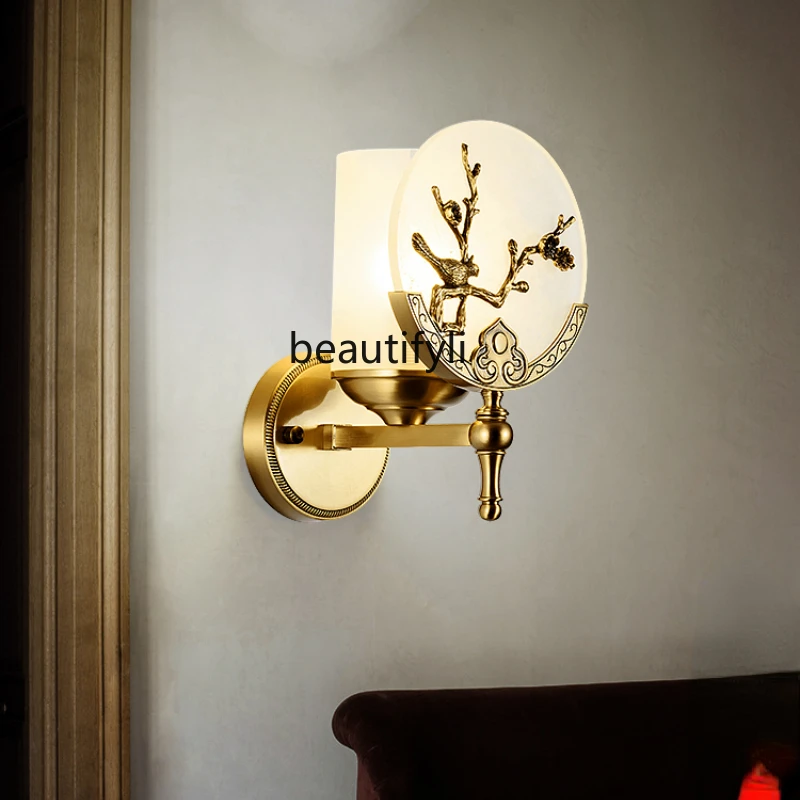 

yj New Chinese Master Bedroom Wall Lamp Copper Marble Chinese Zen Wall Lamp Bedroom Bedside Lamp