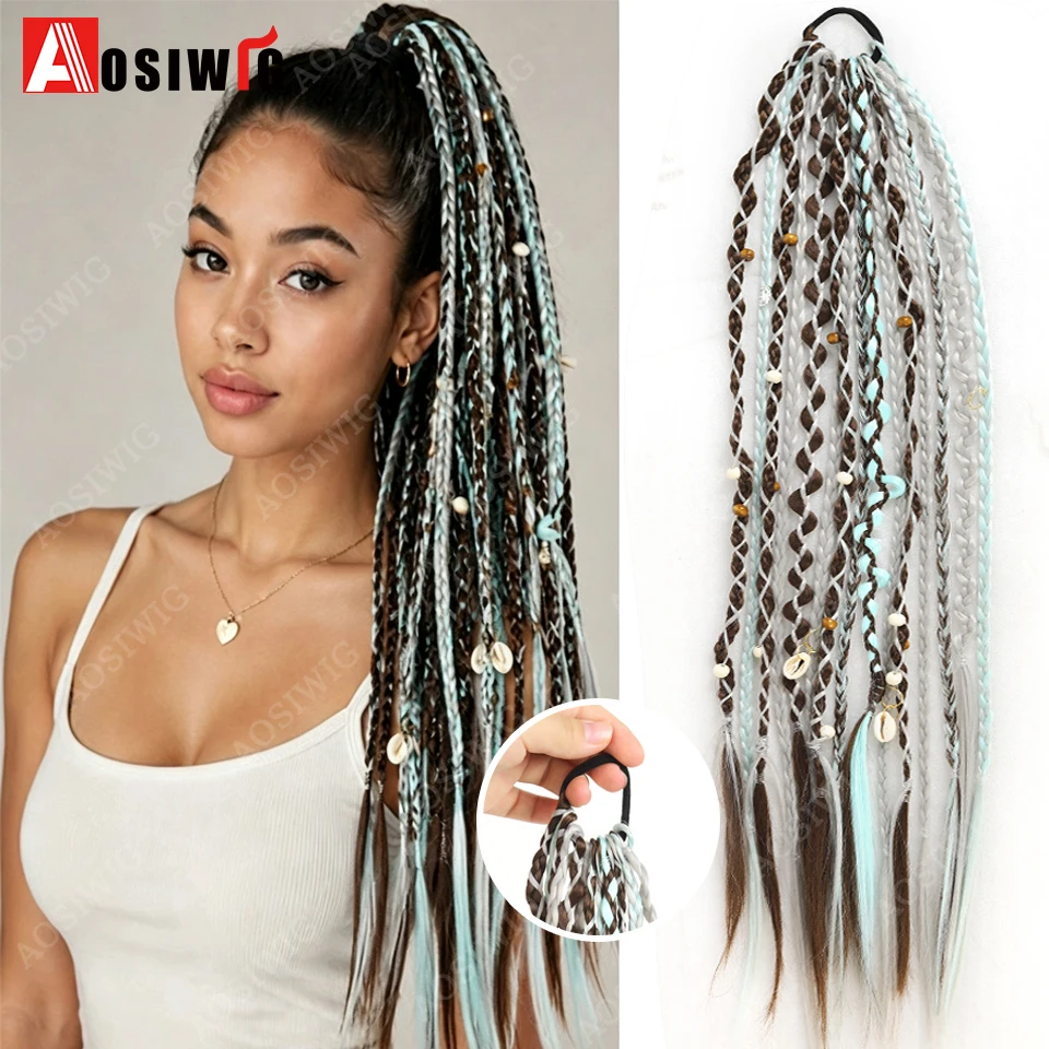 Synthetic Boho Braided Ponytail Extension 15 Strands Beaded Braids Elastic Hair Tie Festival Bohemian Hairpiece For Women Party