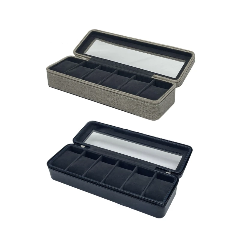 

Y1UB 6Slot Watch Box Portable Travel Zipper Case Collector Storage Jewelry Storage Box Display Glass Top Jewelry