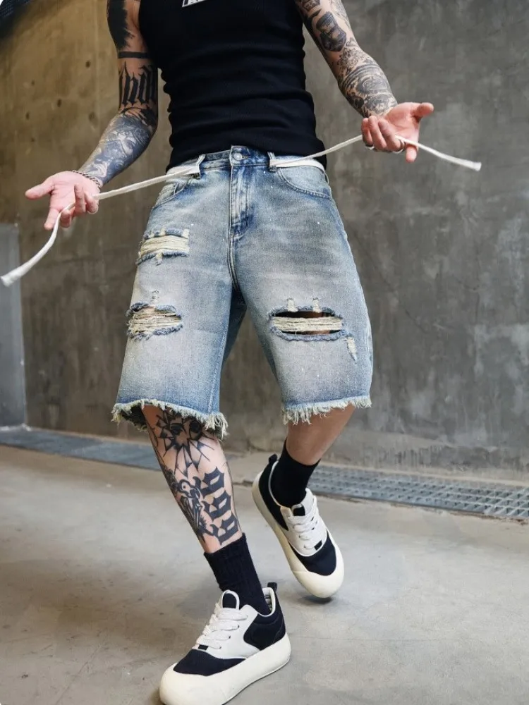 رجل الدنيم السراويل ممزق ثقوب الركبة طول مستقيم بنطلون الهيب هوب الجينز شارع العليا خمر رجل الصيف السراويل غير رسمية جديد