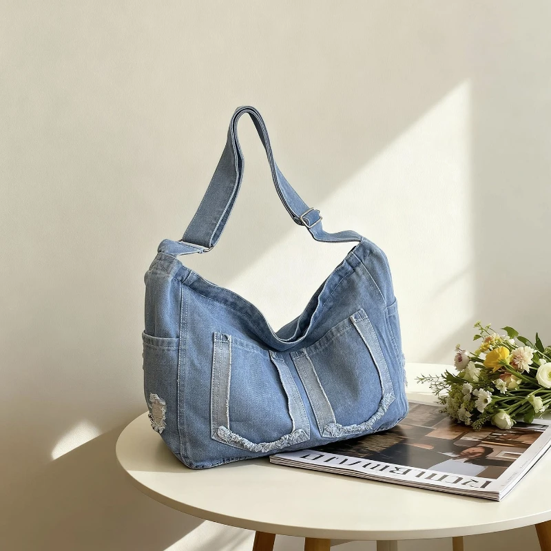 

New Fashion Denim Shoulder Bag Large Capacity Fashion and Versatile Commuting Bag Casual Lazy Style Frayed Edge Crossbody Bag