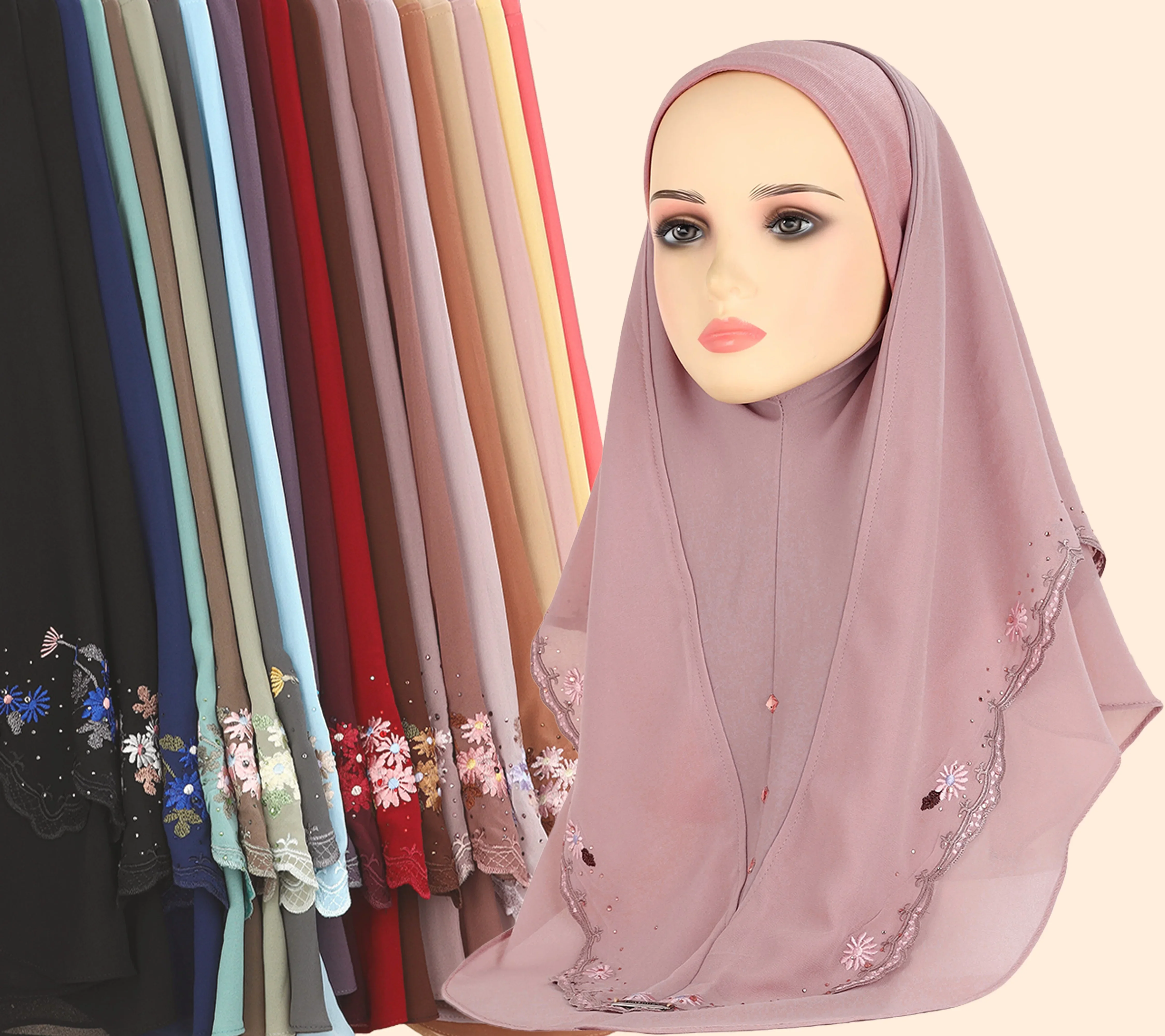 Schicht Chiffon Kristall Leinen bestickt Hut Multi Size Damen Kopftuch malaiische Stickerei über Kopftuch Doppel Turban Abaya