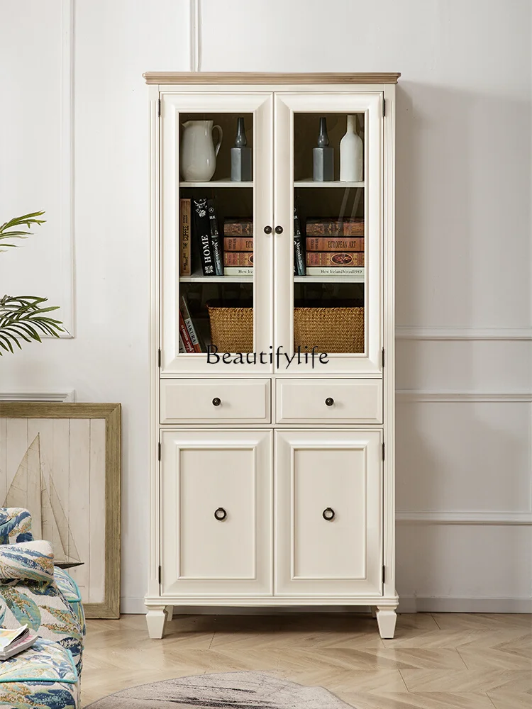 

American-Style Solid Wood European-Style White Book Shelf Double Door Wine Cooler Decorative Storage Glass Door Shelf