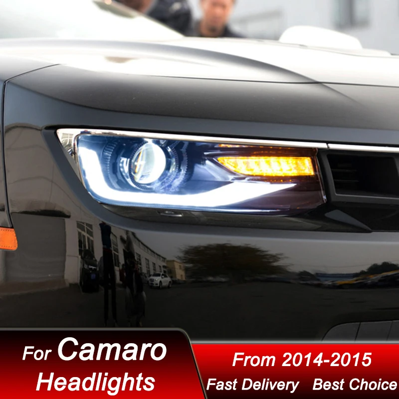 تصفيف السيارة المصابيح الأمامية لسيارة شيفروليه كامارو 2014-2015 كامل LED نمط جديد مجموعة المصابيح الأمامية للسيارات مجموعة ملحقات عدسة العرض