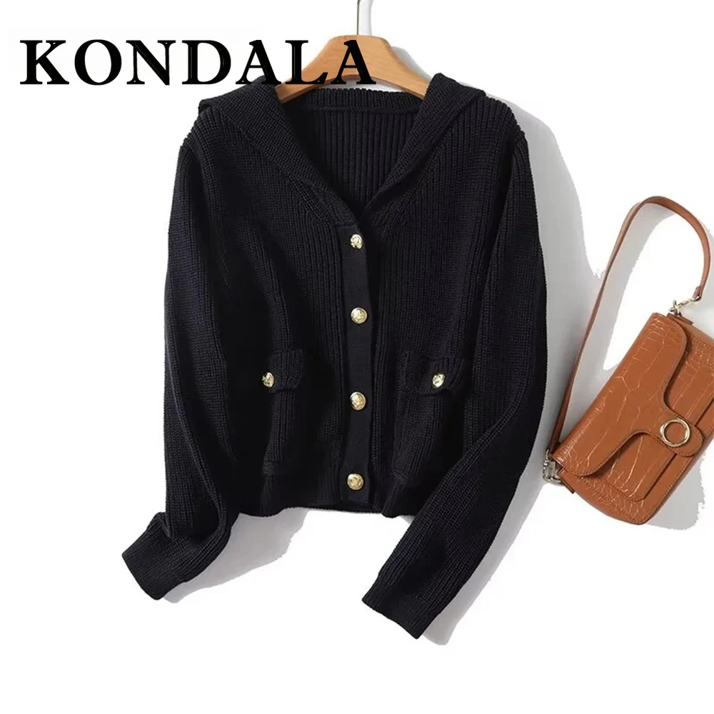 KONDALA 2024 Autumn Women Casual Knitted Solid Sweater Sailor Collar Single Breasted Pockets Fashion Vintage Women Sweaters