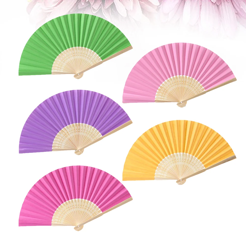 5pcs Handmade Paper Folding Fans Bamboo Hand Held Fan Gift Party Favors DIY Decor for Kids (Green, Purple, Pink, Rosy, Yellow)