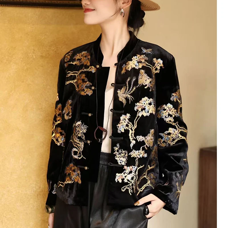 Autumn New Exclusive Design Silk + Velvet Fabric with Ten Thousand Needles Embroidered Gold Phoenix  Luxury Women's Coat S-XL