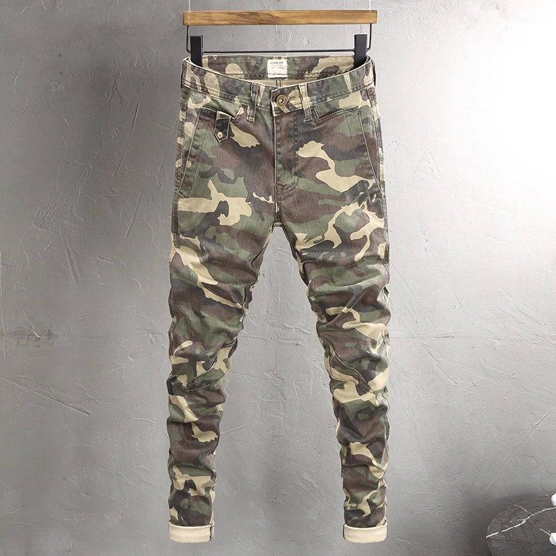 

Fashion Vintage Men Jeans Camo Trousers Elastic Slim Fit Hip Hop Jeans Men Spliced Designer Casual Denim Pants