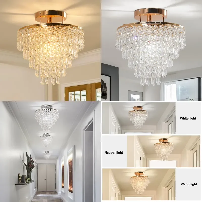 Modern Crystal Chandelier for Living Room or Bedroom Gold and Chrome Ceiling Lamp Round Decorative Light Fixture with E27 E26