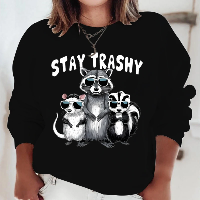 Retro Funny Raccoon Women Sweatshirts Anime Raccoon Opossum Skunk Stay Trashy Print Hoodies Street Raccoon Lover Gift Pullover