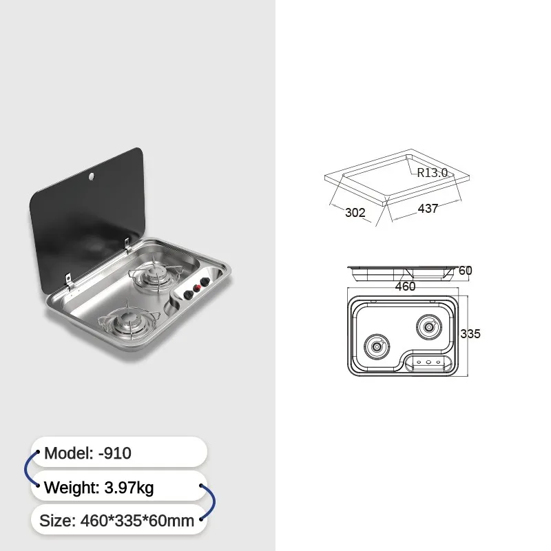 Outdoor RV Camper Kitchen Stainless Steel Gas Double-headed Stove Tools Tempered Glass Cover 2*1.35KW Camping Car Accessories