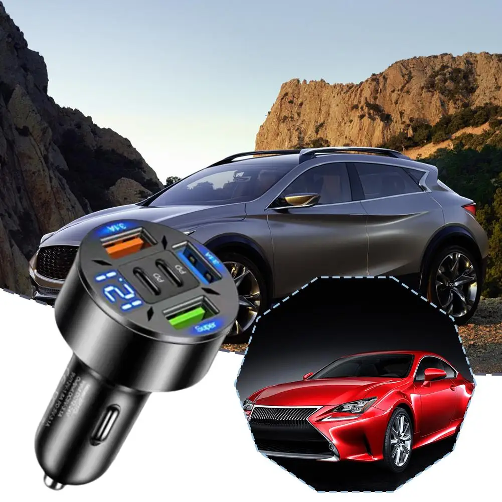 

2PD+3USB New Digital Car Charger One To Four 66W Fast Car Head Charger Adapter PD Mobile Phone Charging Charging Phone E6A1