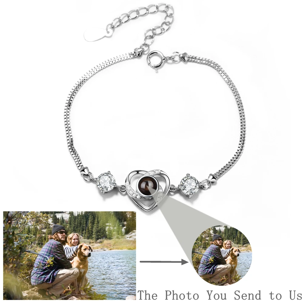 Custom Photo Heart Pendant Round Pendant Bracelet for Women Projection Photo Bracelet 925 Silver Chain Birthday Christmas Gift
