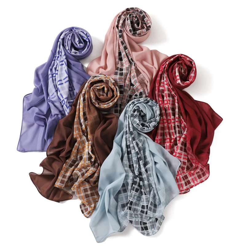 Spring and Summer New Pearl Chiffon Monochrome plus Plaid Hand-Painted Gradient Scarf Sunscreen Shawl Scarf Headcloth