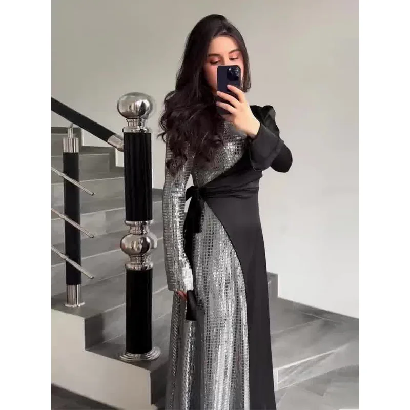 

2025 Spring Fashion Elegant Stitching Sequin Design Sense False Two-Piece Suit Women's Dress C001