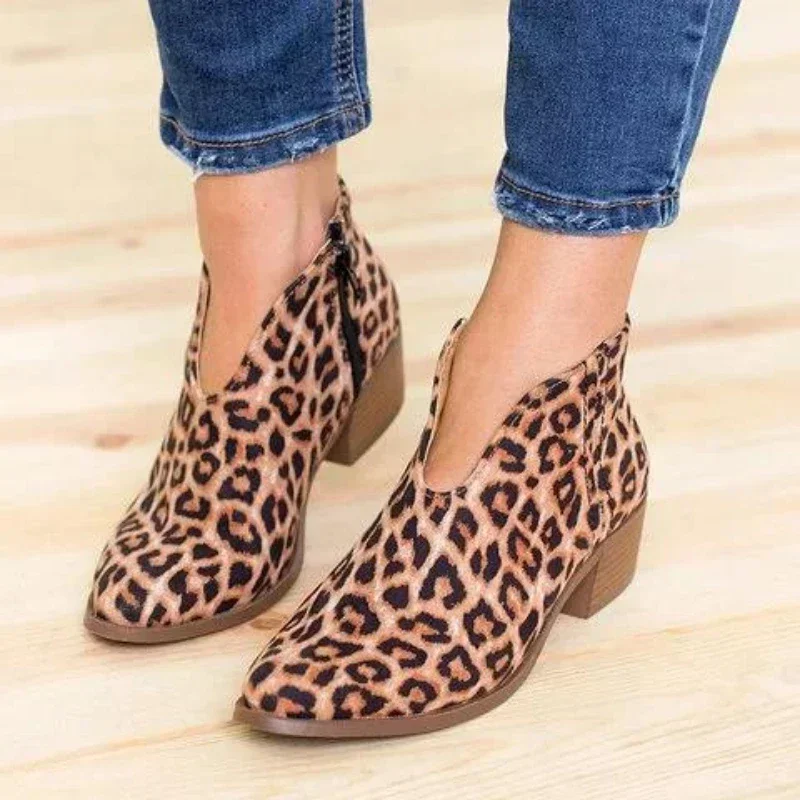 Plus Größe Neue Damen Leopard Print Starke Ferse Frauen Stiefel Mode Dicke Sohle Warme Stiefeletten Retro Botas Femininas