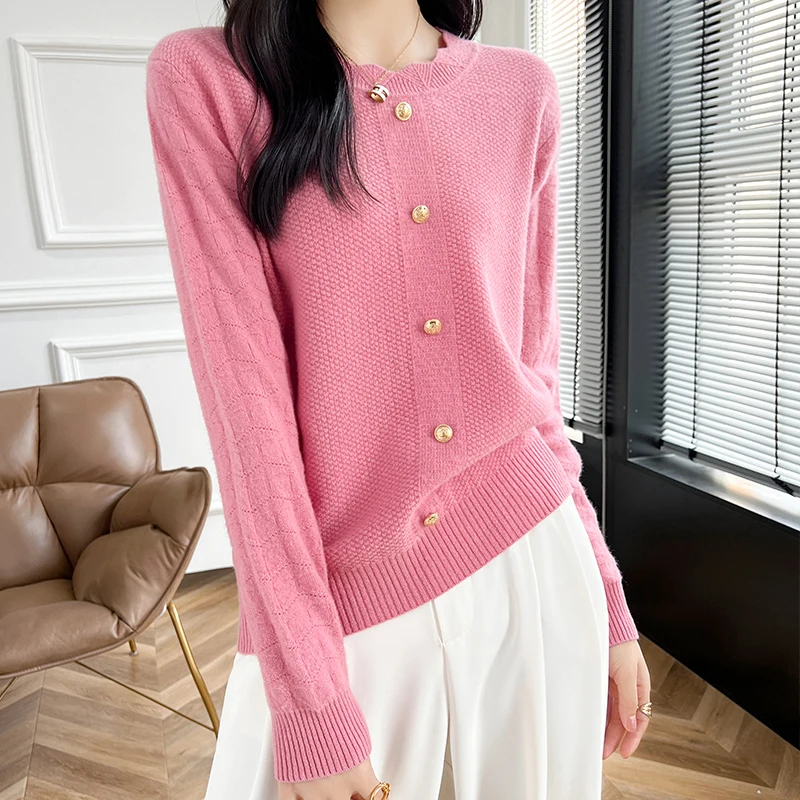 Sweater kasmir wol Merino wanita, atasan baju rajut bawah hangat kerah O musim gugur/musim dingin 100%