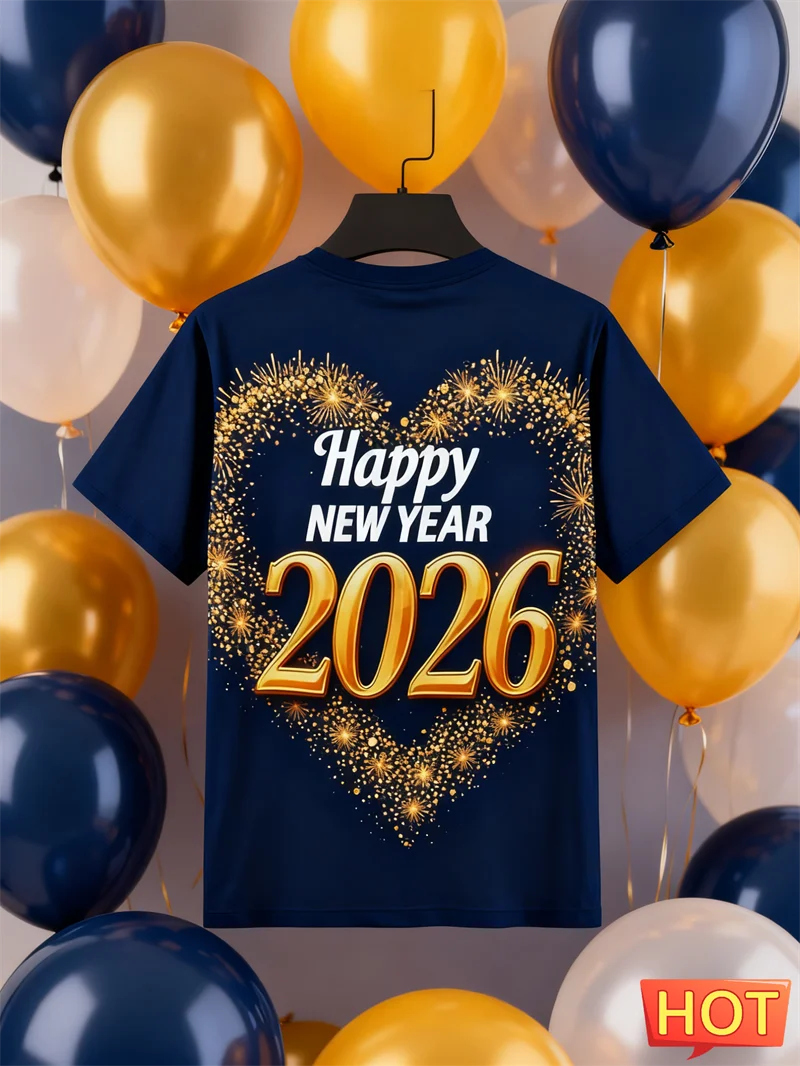 

Happy New Year 2026 Letters T Shirts Fashion Men Women Crew Neck Heart-shaped Firework 3D Printed T-shirts Casual Oversized Tees