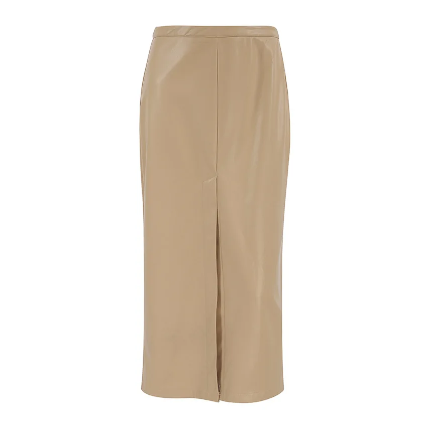 Women's Skirt 2025 Fashion Latest Hot Selling Style Autumn/winter Khaki Pu Retro Style Mid Waist Slim Fit and Sexy Split Skirt