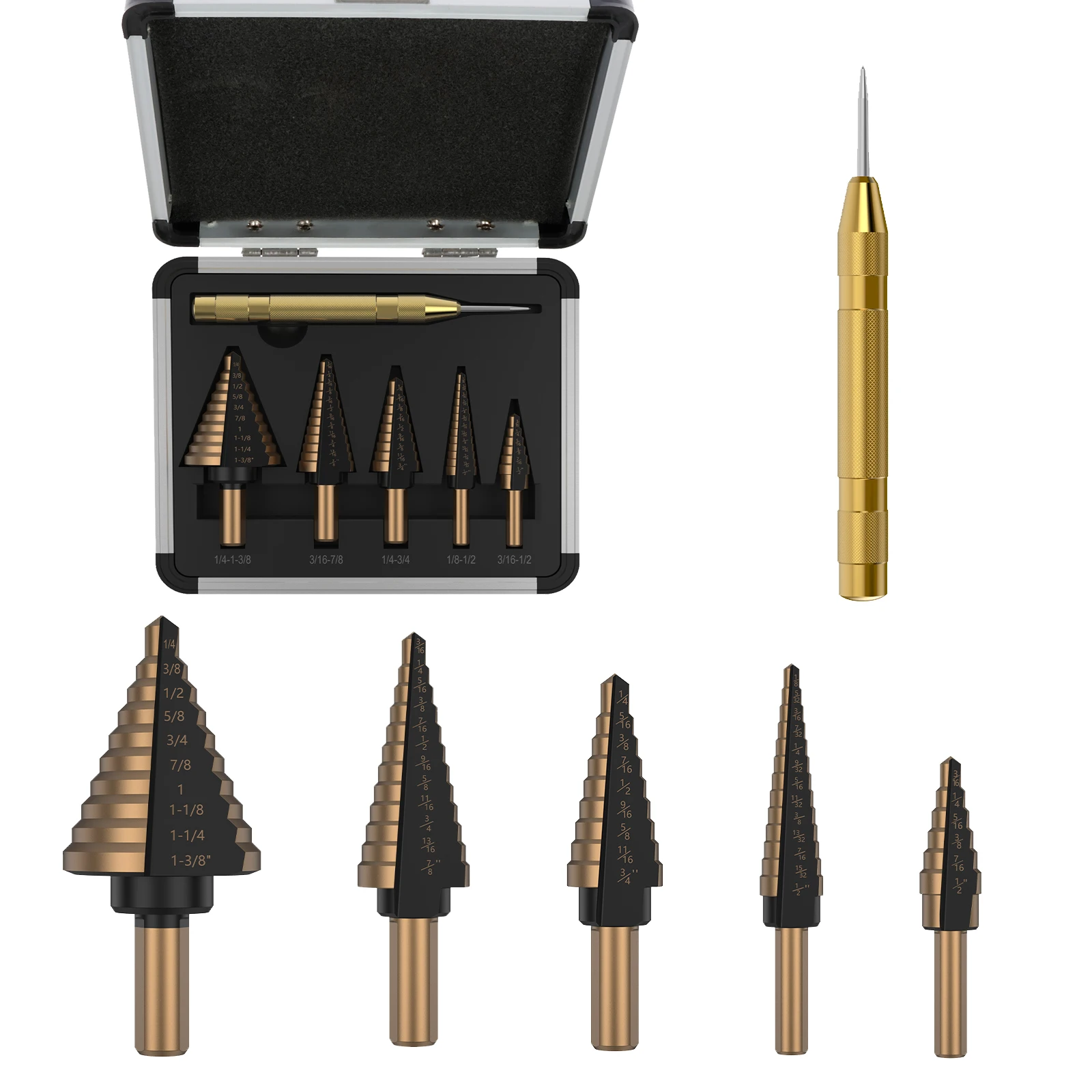 

Step Drill Bit HSS Titanium Bearing Steel Step Bits with Auto Center Punch with Aluminum Case for DIY Lovers Drilling Metal Wood