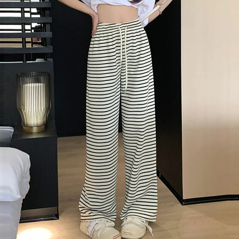 Black White Striped Sport Wide Leg Pants Women Autumn New High Waist Drawstring Trousers American Vintage Streetwear Sweatpants