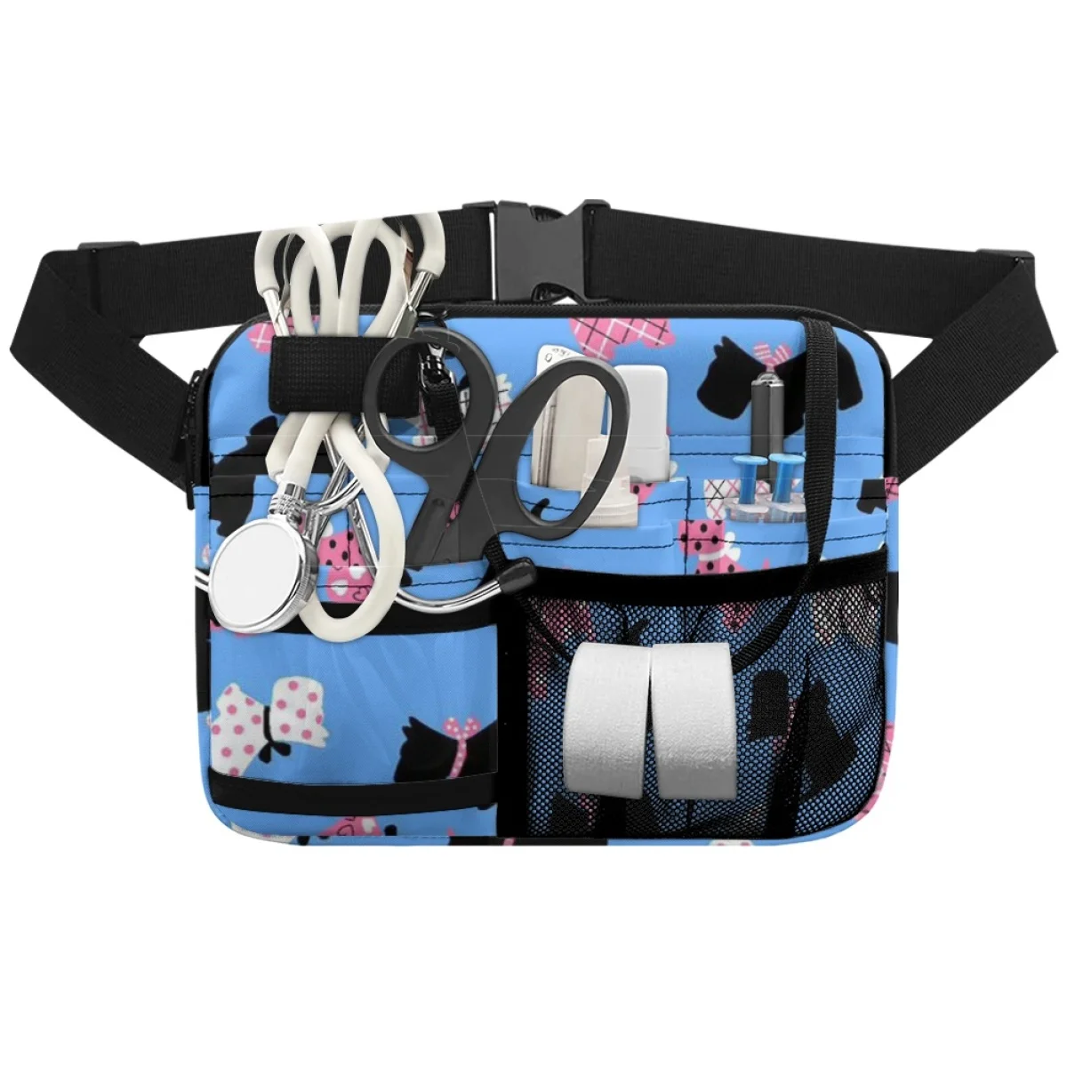 Cute Scotch Terrier Dog Pattern Operating Room Satchel Storage Medical Tools Waistpack Multi Pockets Zippers Soft Crossbody Bags