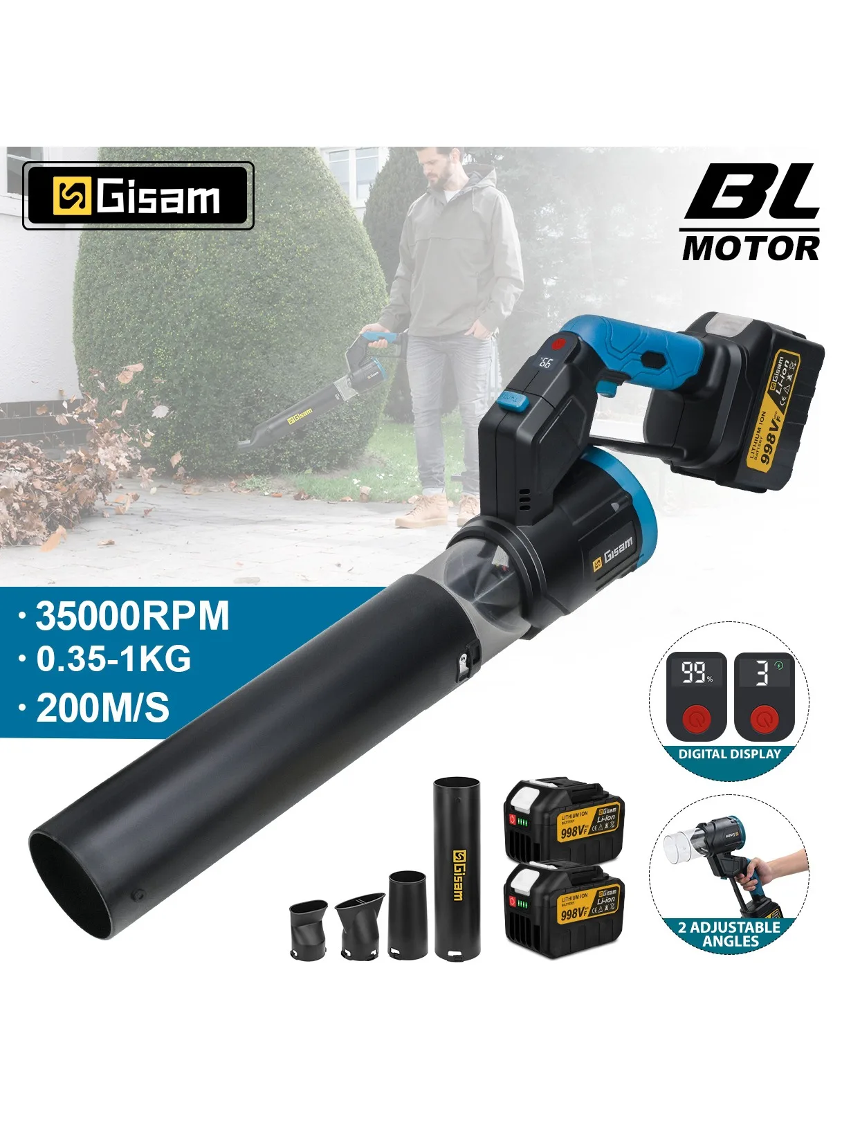 Gisam Bürstenloser 2-in-1 Elektrischer Luftbläser Turbo-Jet-Ventilator Kabelloses Schnee-, Staub- und Laubblasgerät für Makita 18V Akku