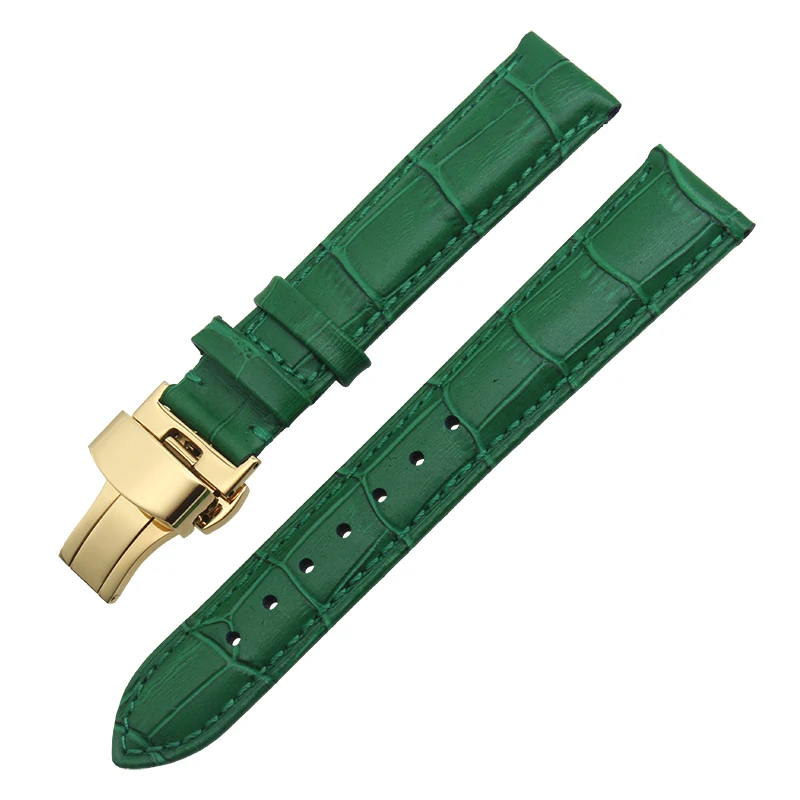 

12 14 16 20 22mm Genuine Leather Watchbands Men Women Green blue High Quality Watch Band Strap With rose gold Butterfly clasp