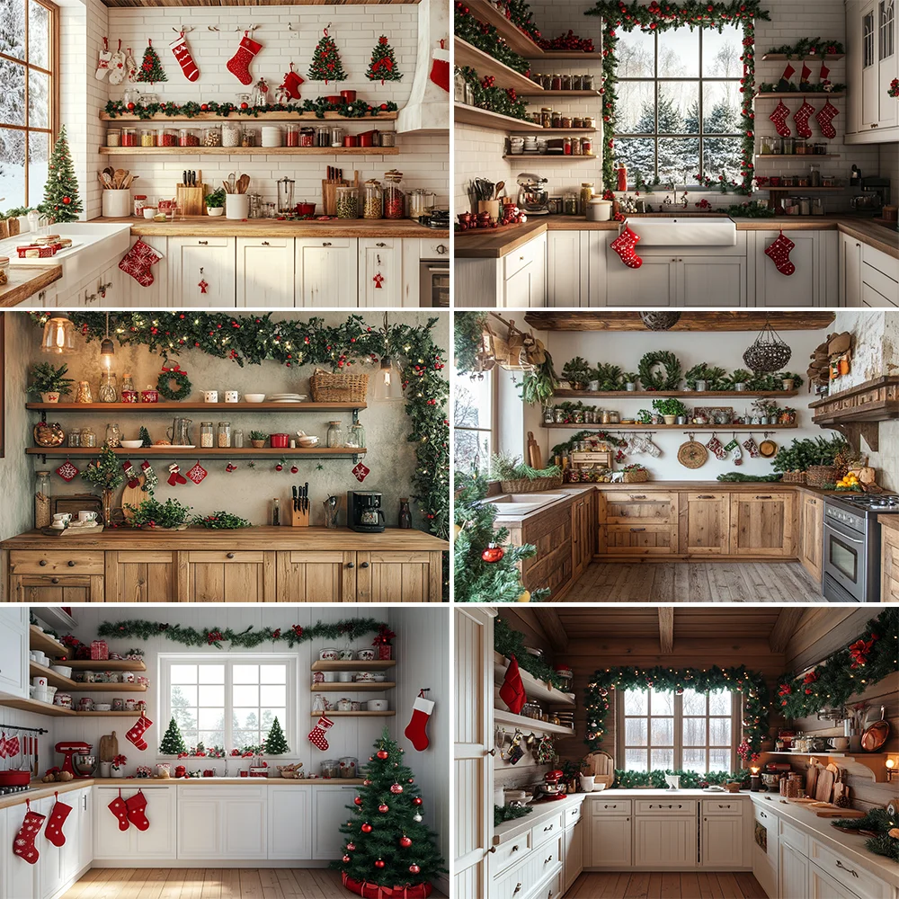 

Christmas Photography Backdrop Xmas Tree Wreath Elk Brick Wall Cupboard Snow Scene Family Baby Portrait Photo Background Props