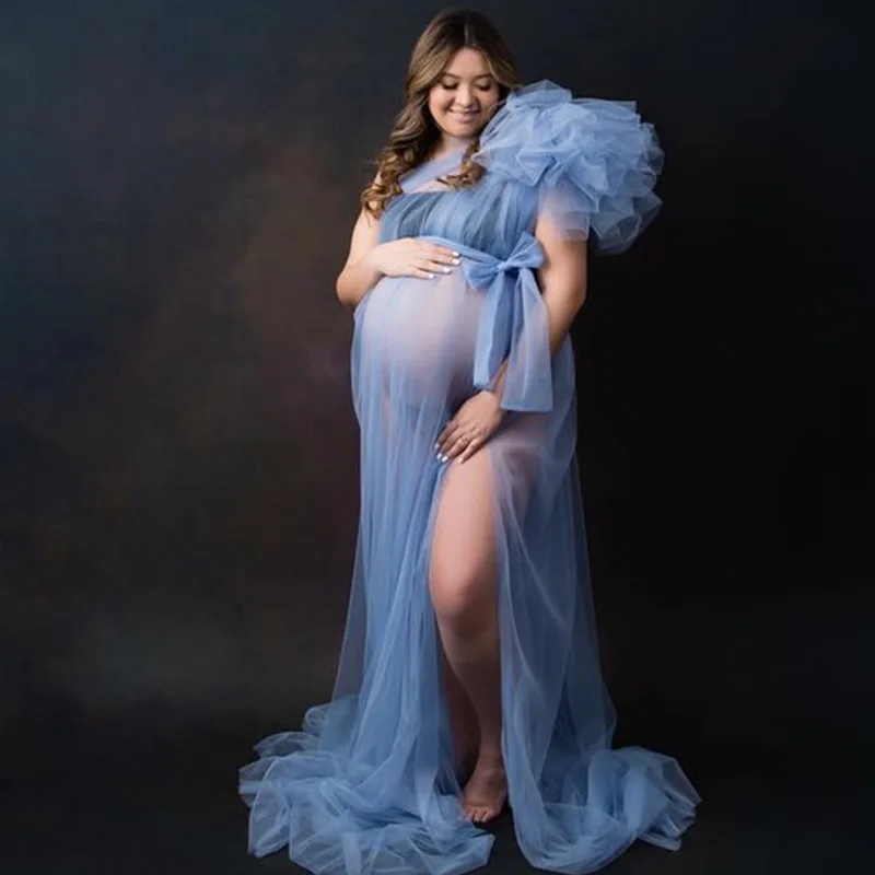 Elegant Soft Tulle Maternity Dresses Photoshoot Sleeveless Puffy Long Sexy See Through Tulle Maternity Robes For Photography