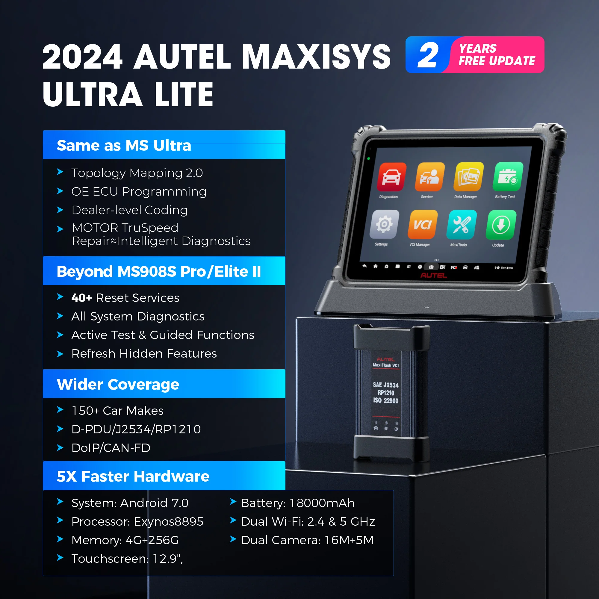 Autel MaxiCOM Ultra Lite Diagnostic Tools OBD2 Scanner Topology 2.0 J2534 ECU Programming Same as Ultra MS919 MS909 2 Years