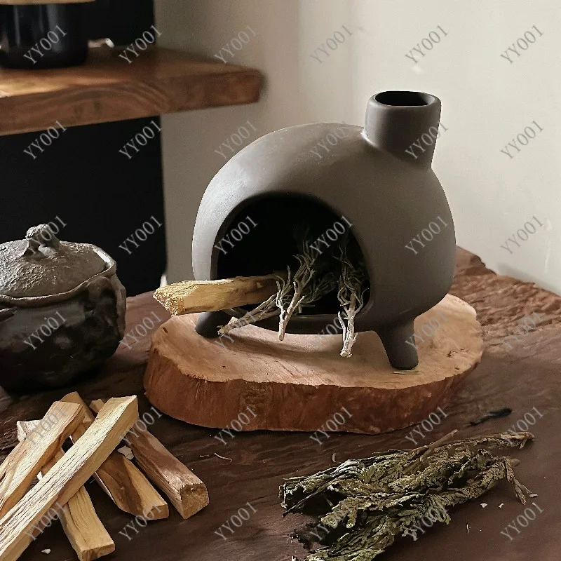 Handcrafted Ceramic Aromatherapy Stove with Tray Small Fireplace Design Home Incense Holder Decor