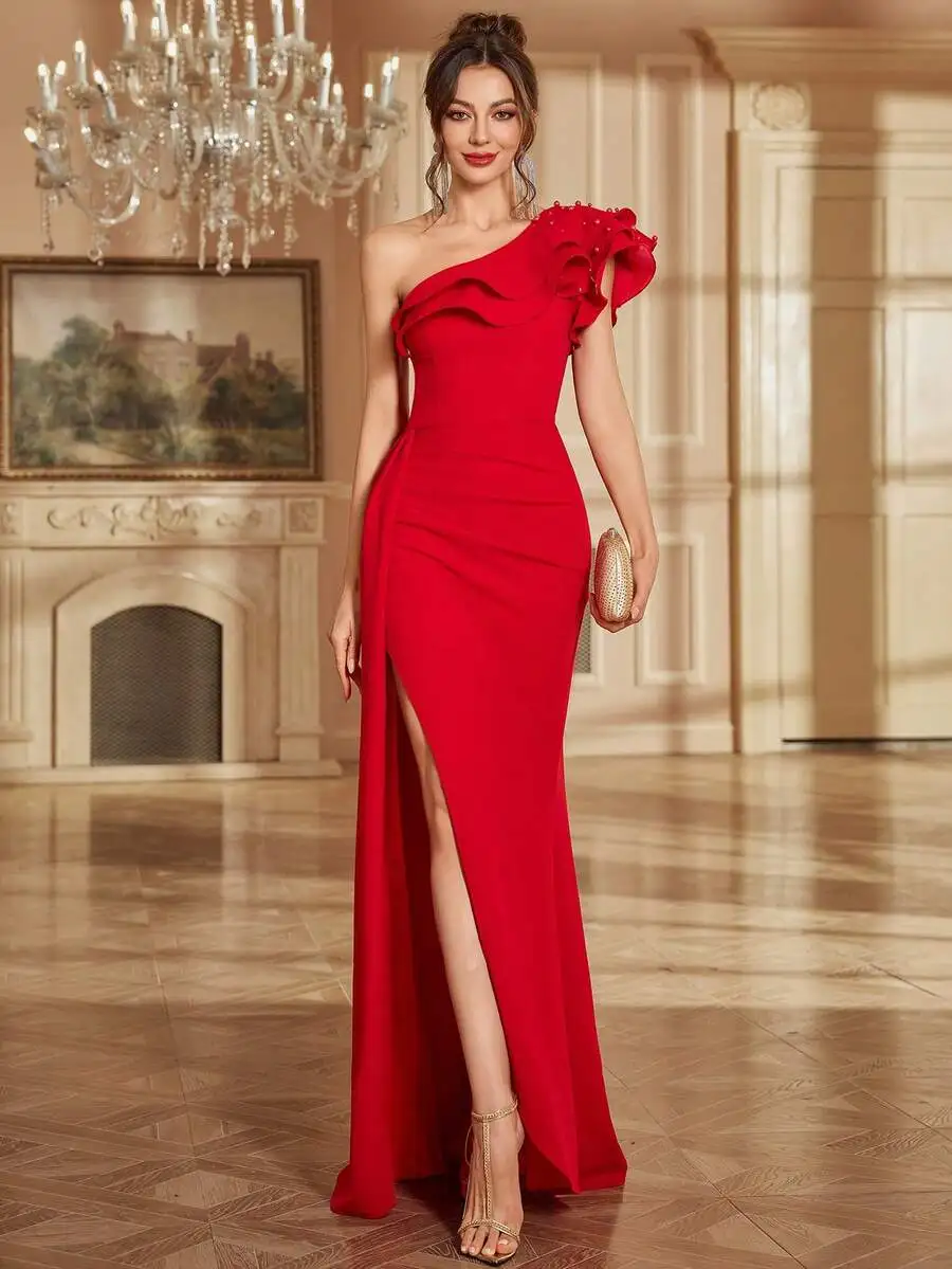 

Red One-Shoulder Ruffle Evening Dress with High Slit, Pearl Beading, Backless Design for Wedding Party