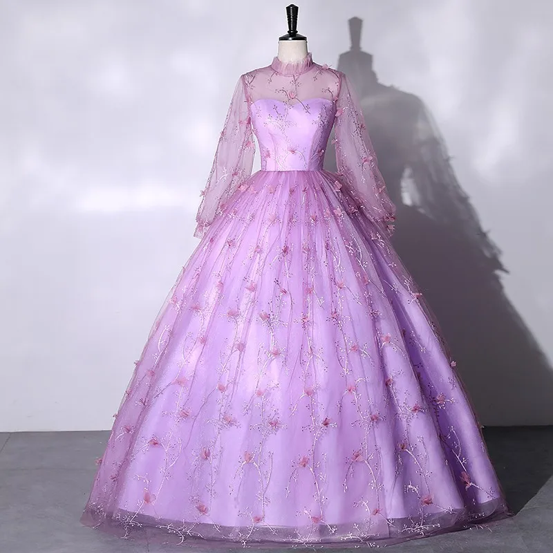 Vestidos de Quinceañera de manga larga, vestido de baile púrpura de flores dulces, vestido clásico de cuello alto para fiesta con cremallera en la espalda, vestido de graduación personalizado